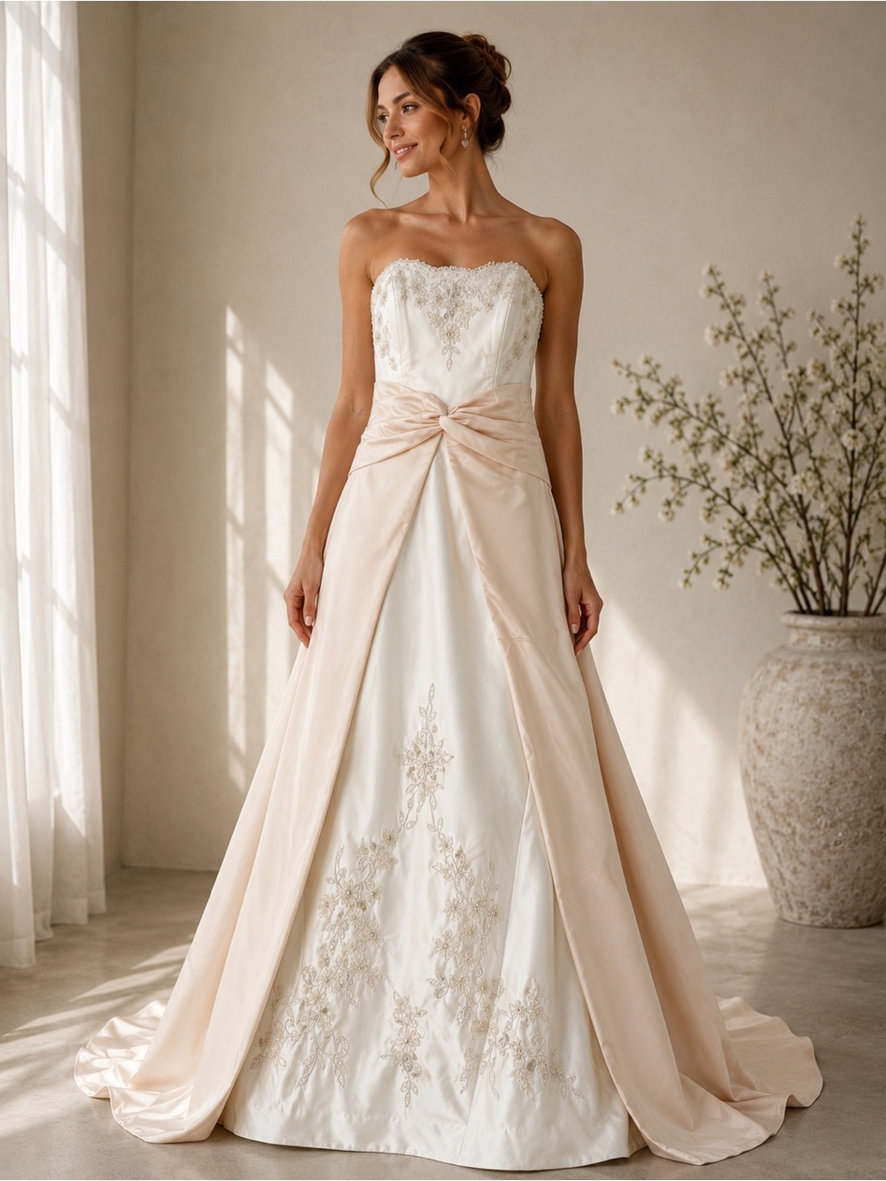 DaVinci Strapless Ivory Wedding Gown with Blush Overlay and Bow